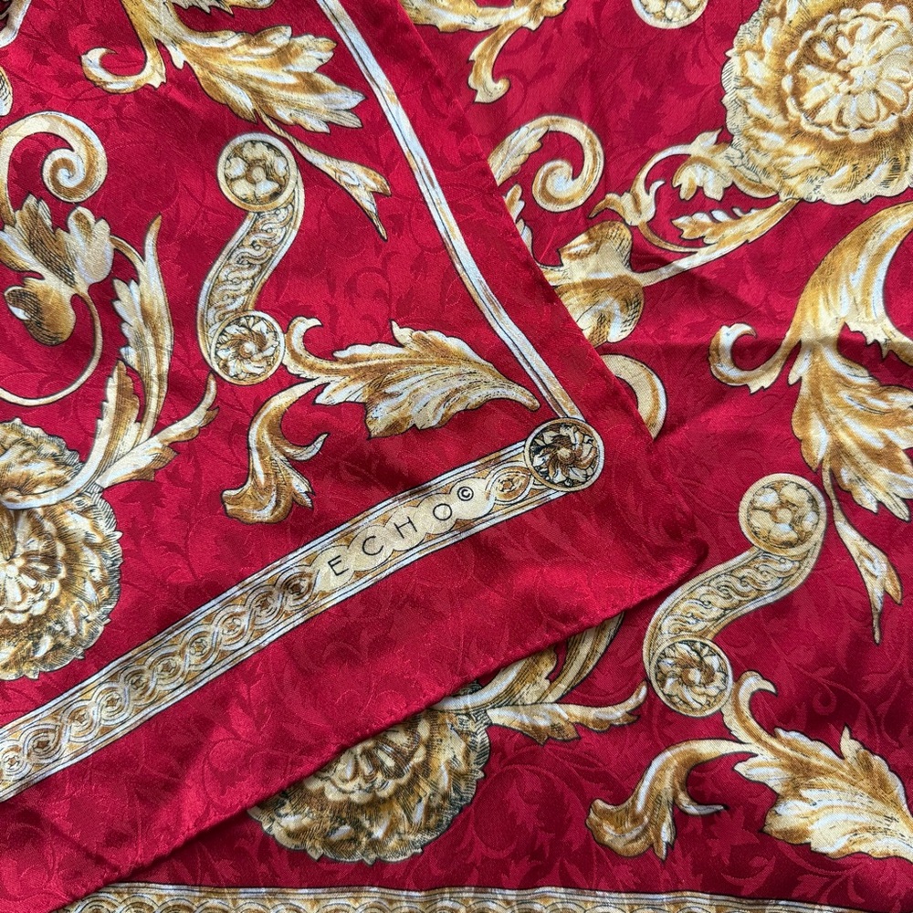 Echo Silk Vibrant Red and Gold Patterned Scarf - Picture 3 of 6